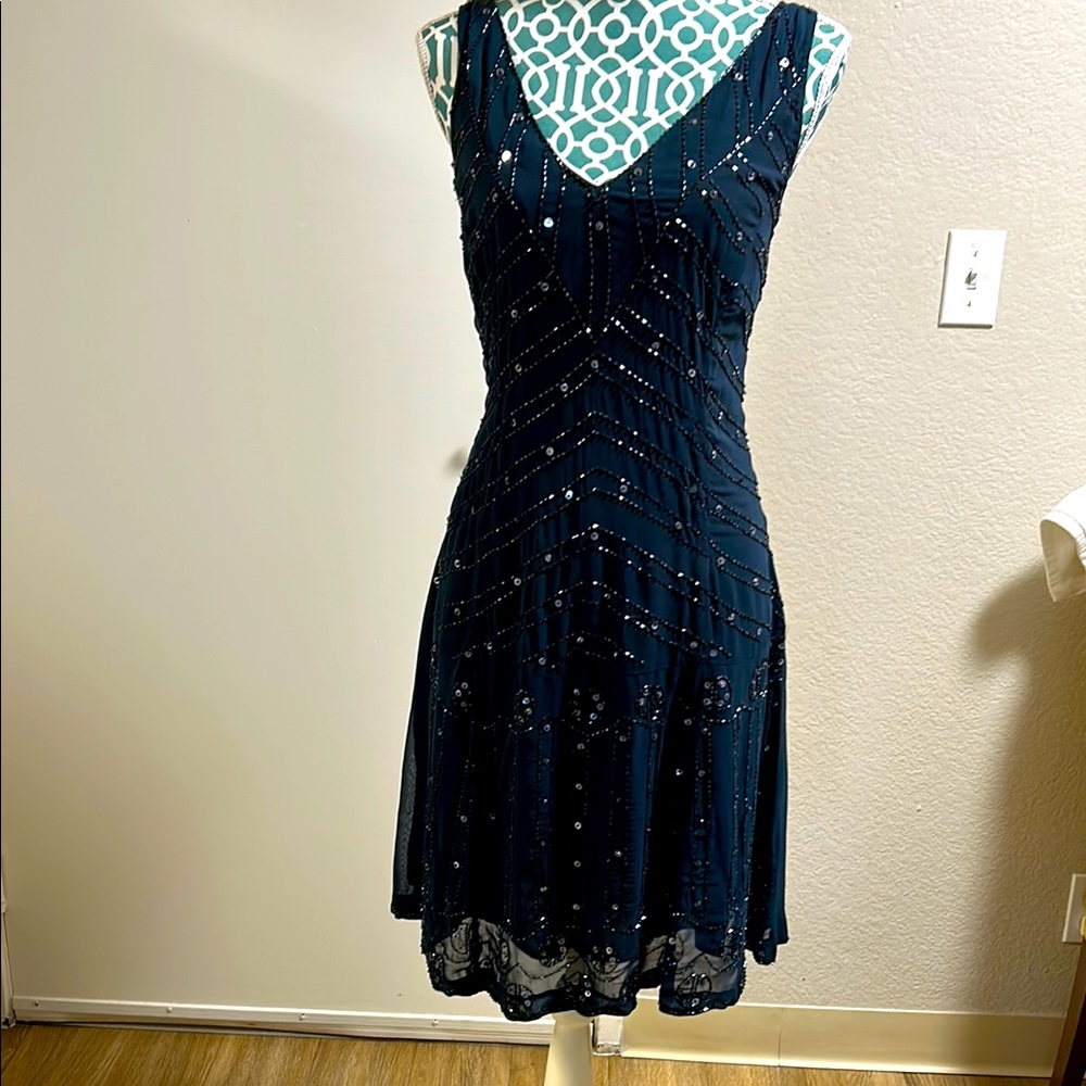 Arden B Blue Fit and Flare Midi Dress V-Neck Sleeveless